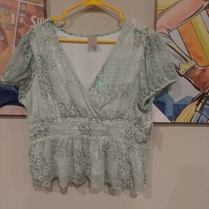 Women  xl sheer green elastic waist baby doll top